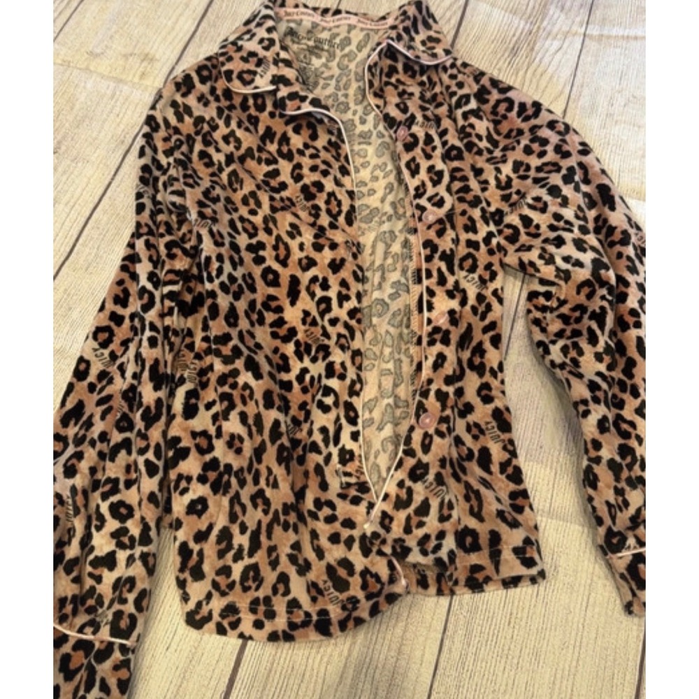 Juicy Couture Girls Leopard Print Pajama Top Velour Button Down Long Sleeve Sz 8